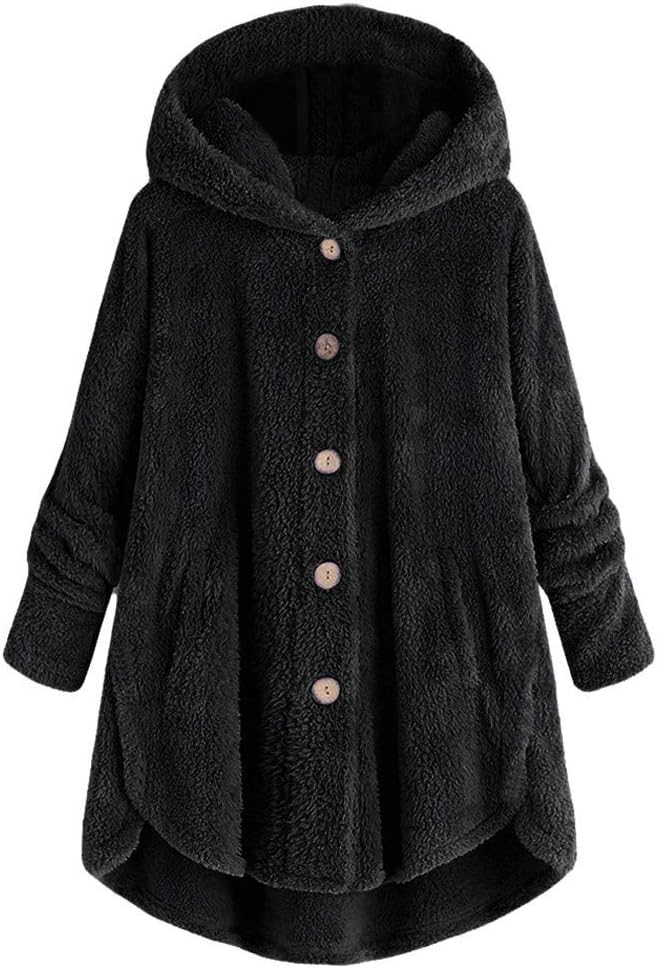 Moent Sales Plus Women Plus Size Button Plush Tops Hooded Loose Cardigan Wool Coat Winter Jacket, Tops for Women UK Size Autumn Winter Blouse