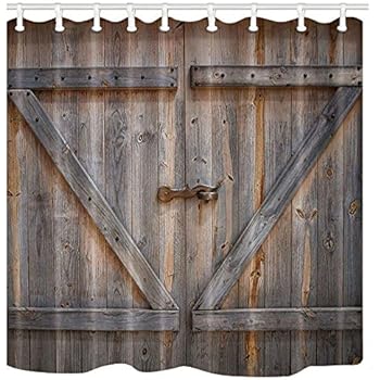 KOTOM Rustic Decor Shower Curtain, Rustic Wooden Barn Door, Polyester Fabric Bath Curtains Set with Hooks 69W X 70L Inches