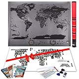 Scratch Off World Map By Amazmap: Travel Poster With Memory Activity Stickers, Detailed Map With USA, Canada And Australia Outlines –With Scratching Tool, Eraser, Magnifier And E-Books