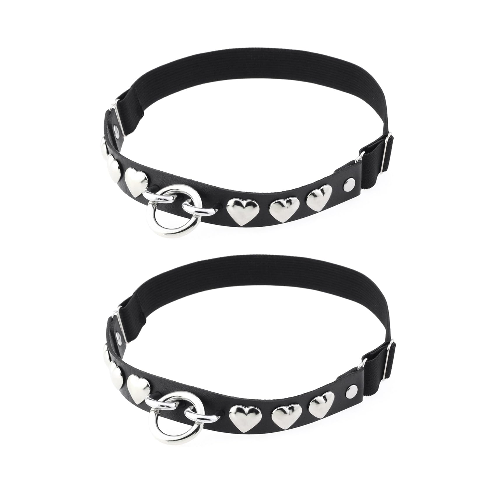 2PCs Adjustable O-Ring Leg Garter, Elastic Punk Studded Heart Thigh Garters for Women Parties, Black