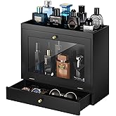 GLOKUUCA Perfume Organizer for Men, Wood Perfume Display Stand with Velvet Lining Drawer,Capacity Dustproof Perfume Holder for Watch,Jewelry,Perfume Display Risers,A Gift for Men (Black)
