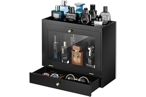 GLOKUUCA Perfume Organizer for Men, Wood Perfume Display Stand with Velvet Lining Drawer,Capacity Dustproof Perfume Holder for Watch,Jewelry,Perfume Display Risers,A Gift for Men (Black)