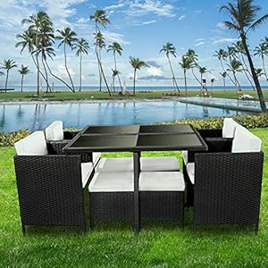 bigzzia 9 Piece Rattan Outdoor Chair Set with Dining Table