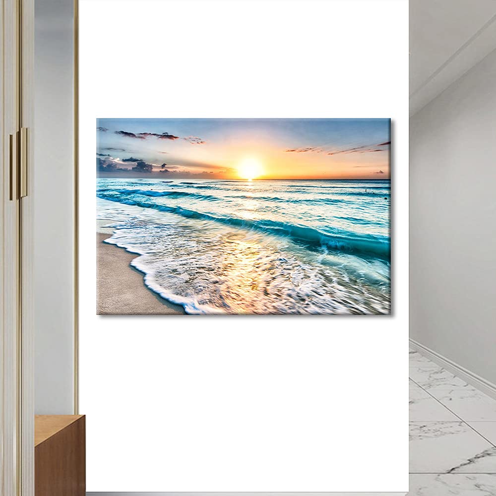 TISHIRON Wall Decorations Beach Sunset Wave For Home Modern Decor Blue Ocean Sea Painting Pictures Print On Canvas Wall Art Wooden Frame Ready To Hang(24X16in)