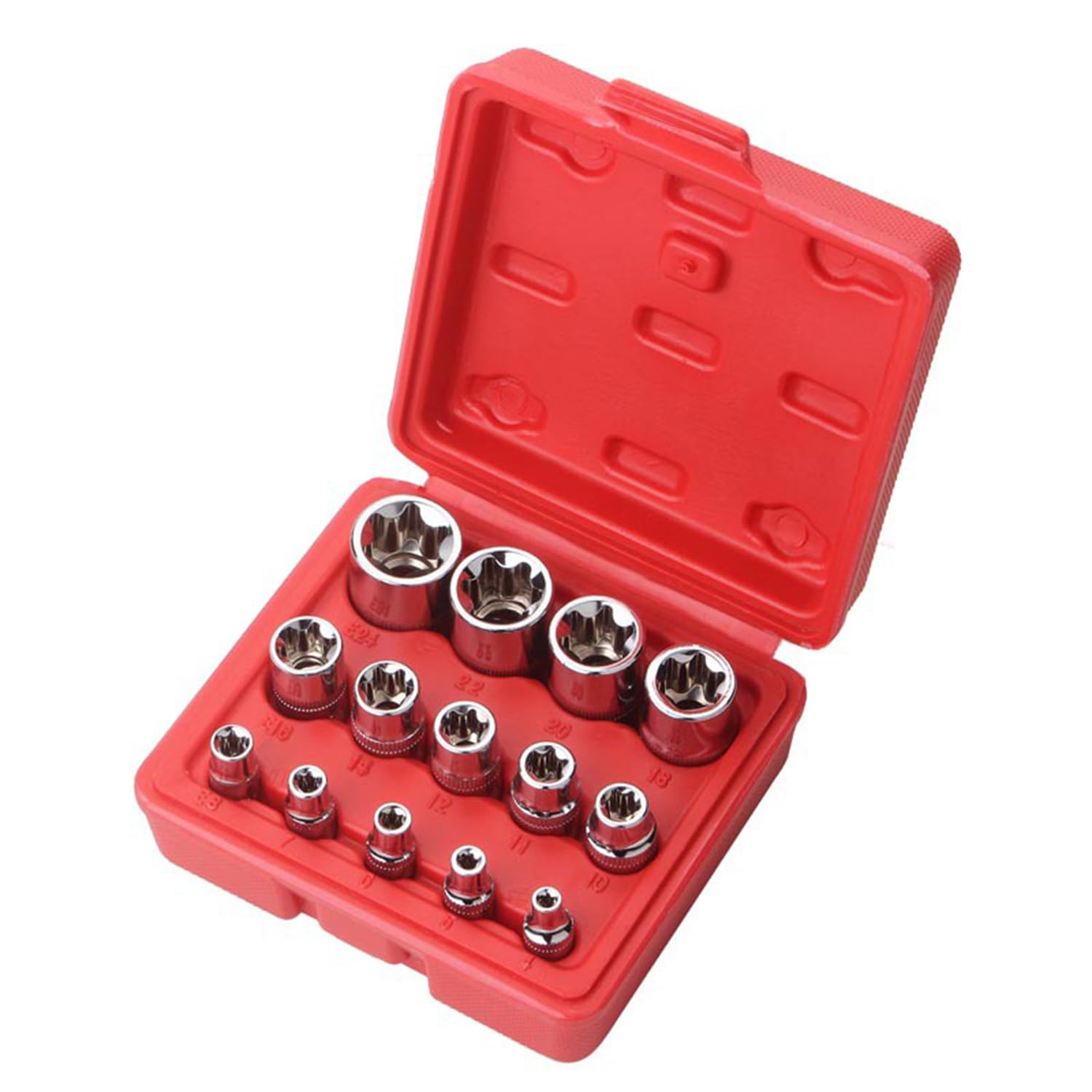 YMJOGGUE E型トルクスソケットセット 14点 星型 花型 ソケットレンチ E4 E5 E6 E7 E8 E10 E11 E12 E14 E16 E18 E20 E22 E24 ネジ外し E型ソケット 収納ボックス付き の商品画像