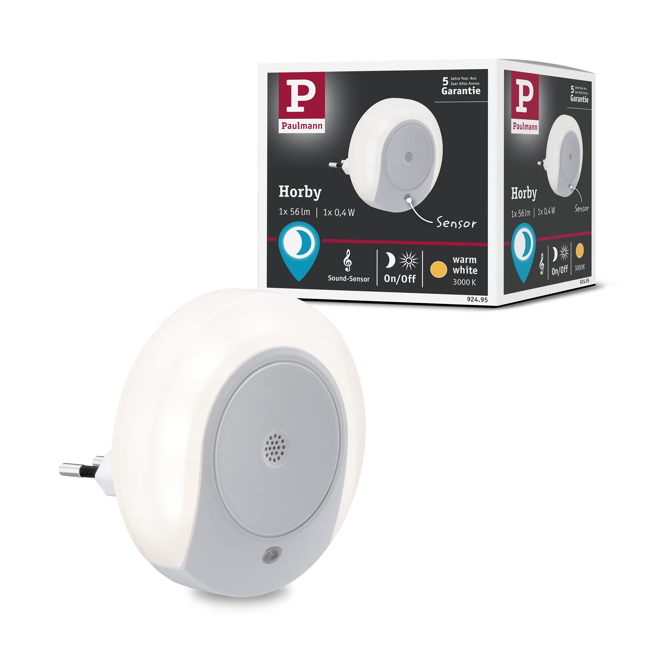 Paulmann Horby 92495 LED Plug Night Light Round 0.4 Watt with Twilight and Noise Sensor White Plastic 3000 K Warm White 0.4 W