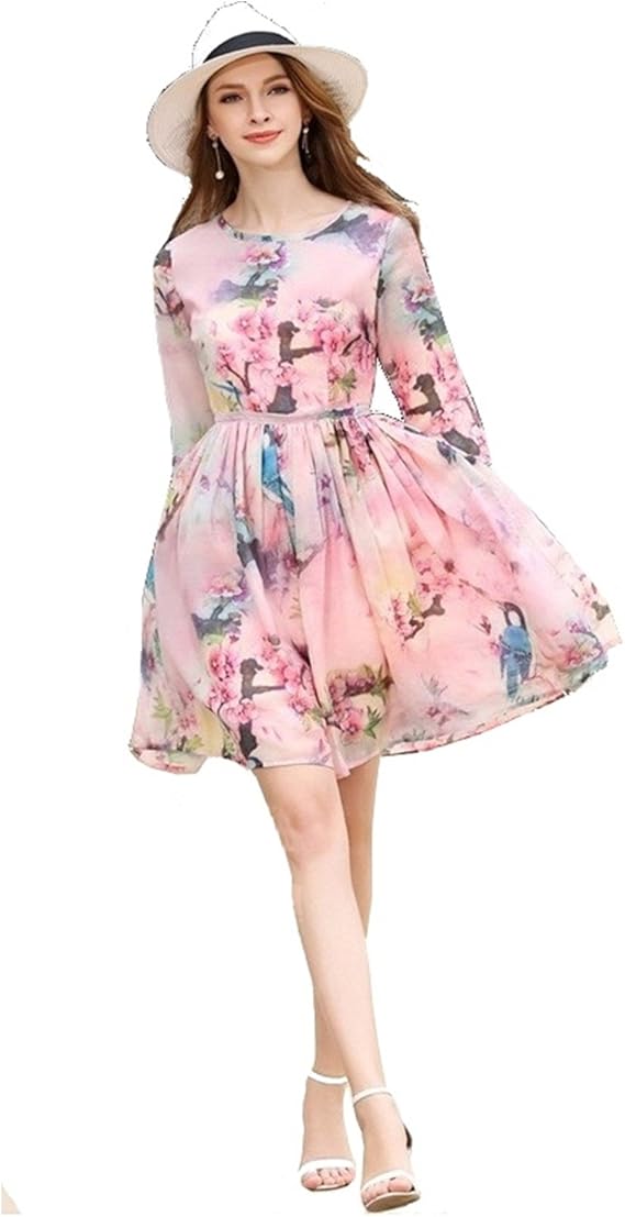 Amazon Lavy ワンピース ワンピ 花柄 長袖 ミディアム丈 ピンク シフォン ひらひら デート 春 夏 17 可愛い おしゃれ エレガント 上品 女子会 二次会 ワンピース チュニック 通販