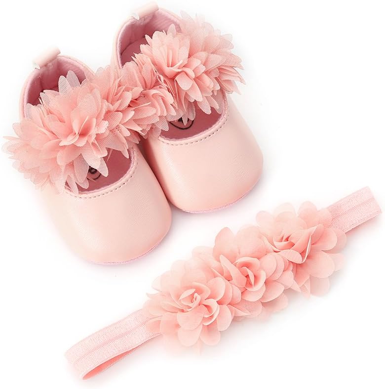Baby Girls Shoes with Headband Gift Set Newborn Girl Flower Closed Toe Shoes Firstwalker Summer Shoes