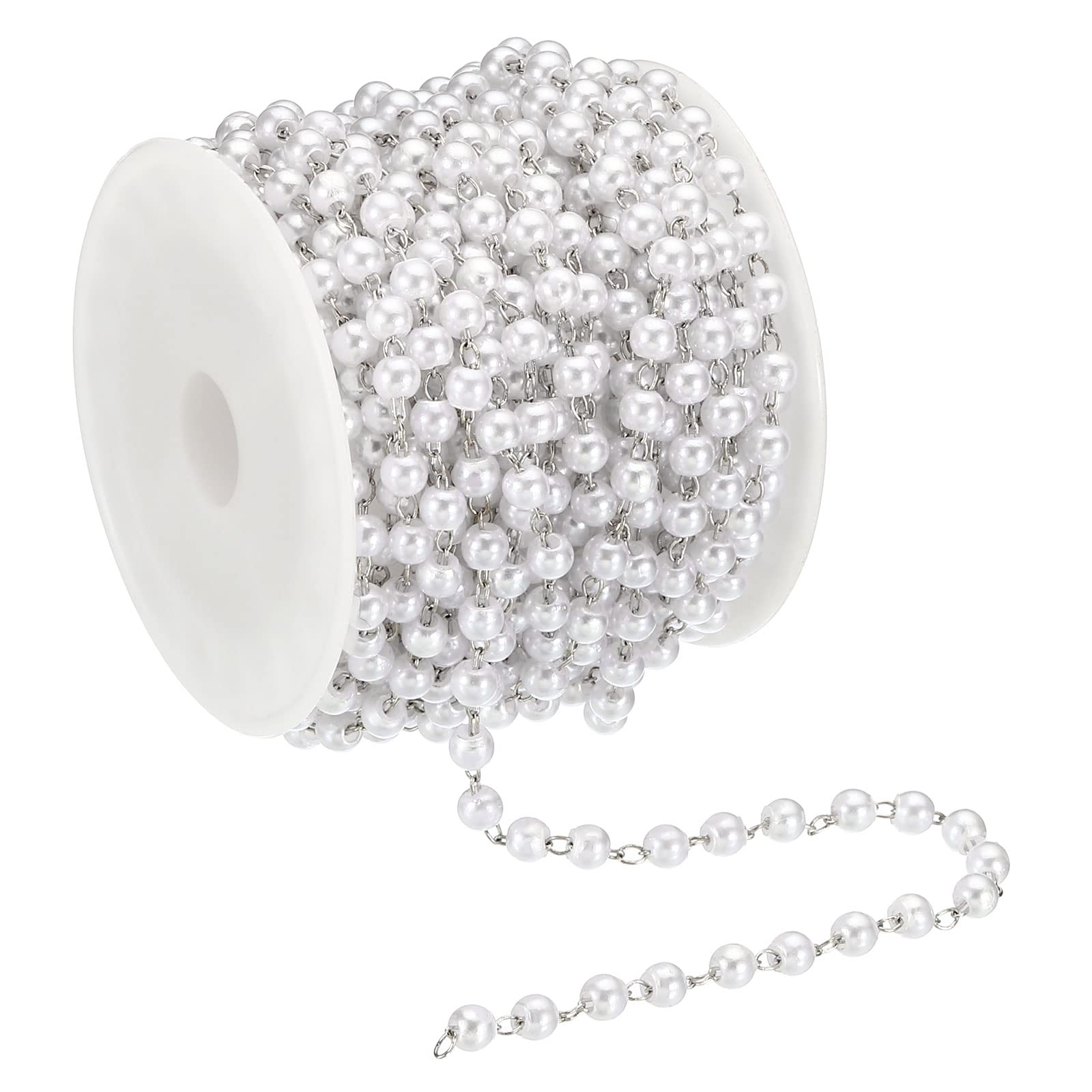 PATIKIL 5m/16 Feet Faux Pearl Beading Chain with Spool, 4mm Brass Chain Link for Decoration Making DIY Accessories Style 1, Silver