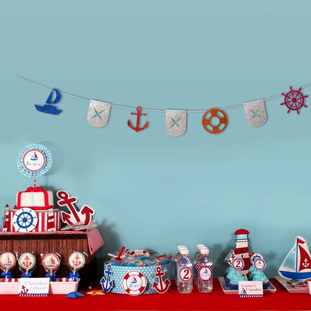 KAPOKKU Nautical Bunting Banner, Nautical Party Decorations Supplies, Pennant Banners for Kids Birthday Party, Baby Shower (Nautical)