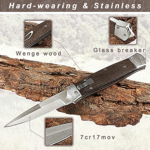 FreeDouble Folding Pocket Hunting Knife with Wenge Wood Handle, Safety