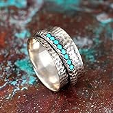 ASFKIPMF 925 Sterling Silver Turn the turquoise ring Cut Natural Stone Rings Victorian Handmade Jewelry Turquoise Ring Cocktail Party Birthday for Women Turquoise ring can be rotated 8