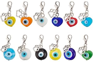 DELORIGIN 12pcs Evil Eye Pet Collar Pendants for Cat Dog Heart Bead Jewelry Charms Lucky Dog Paw Pet Collar Pendants Clip-on Charms for Bag Decor Keychain Pet Necklace Training Home Decoration