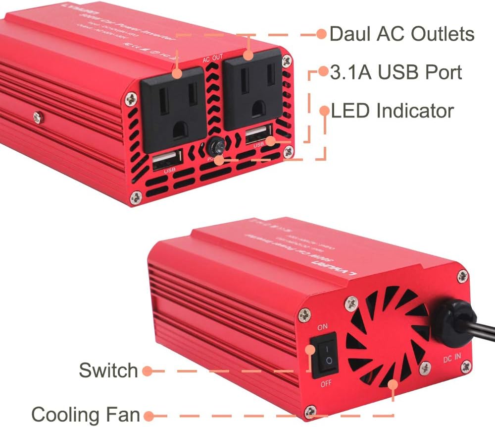 LVYUAN 500W Power Inverter DC 12V to 110V AC Car Inverter with 3.1A Dual USB Car Adapter: Car Electronics
