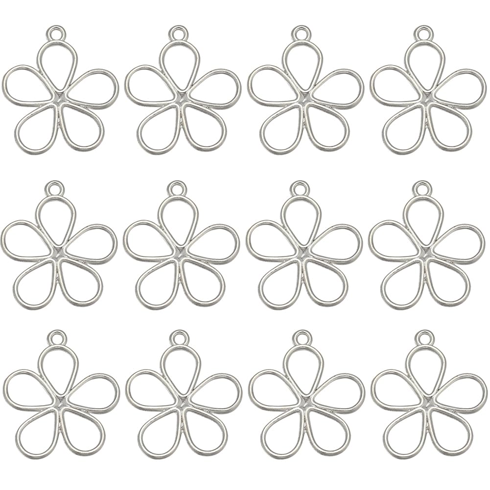 SUNNYCLUE 1 Box 50Pcs Hollow Flower Charms Silver Floral Charms Alloy Vintage Mini Spring Blossom Open Fram Back Bezel UV Resin Charm Bulks for Jwelry Making Women DIY Bracelets Necklaces Craft