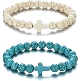 Softones 8mm Beads Cross Bracelets for Women Men Natural Stone Elastic Stretch Prayer Bracelet for Women Friendship Cross Gifts