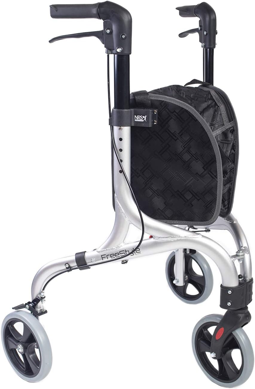 NRS Healthcare Freestyle Ultra Lightweight Folding 3 Wheel Rollator, Lockable Brakes, Height Adjustable, Removable Bag