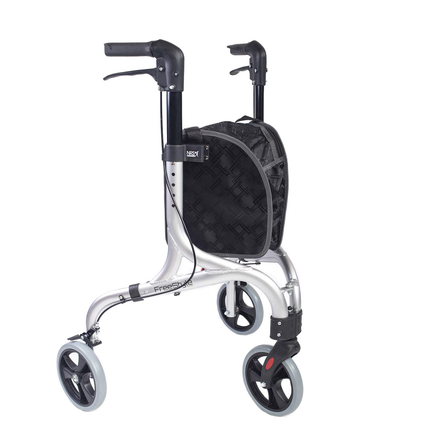 NRS Healthcare Freestyle Ultra Lightweight Folding 3 Wheel Rollator, Lockable Brakes, Height Adjustable, Removable Bag, 5 kg (11lb) - Silver, P23063