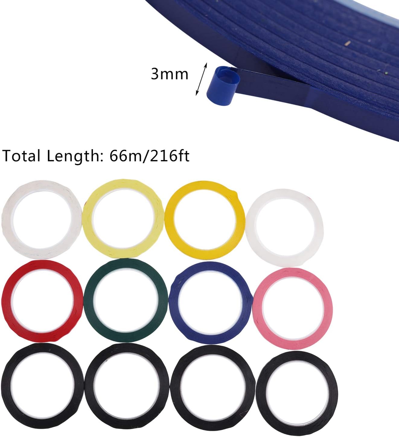 Graphic Chart Art Tapes,12 Rolls 3mm Colored SelfAdhesive Whiteboard