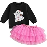 Fernvia Toddler Baby Girl Halloween Outfit Ghost Embroidery Long Sleeve Sweatshirt Tulle Skirt Set Fall Winter Clothes