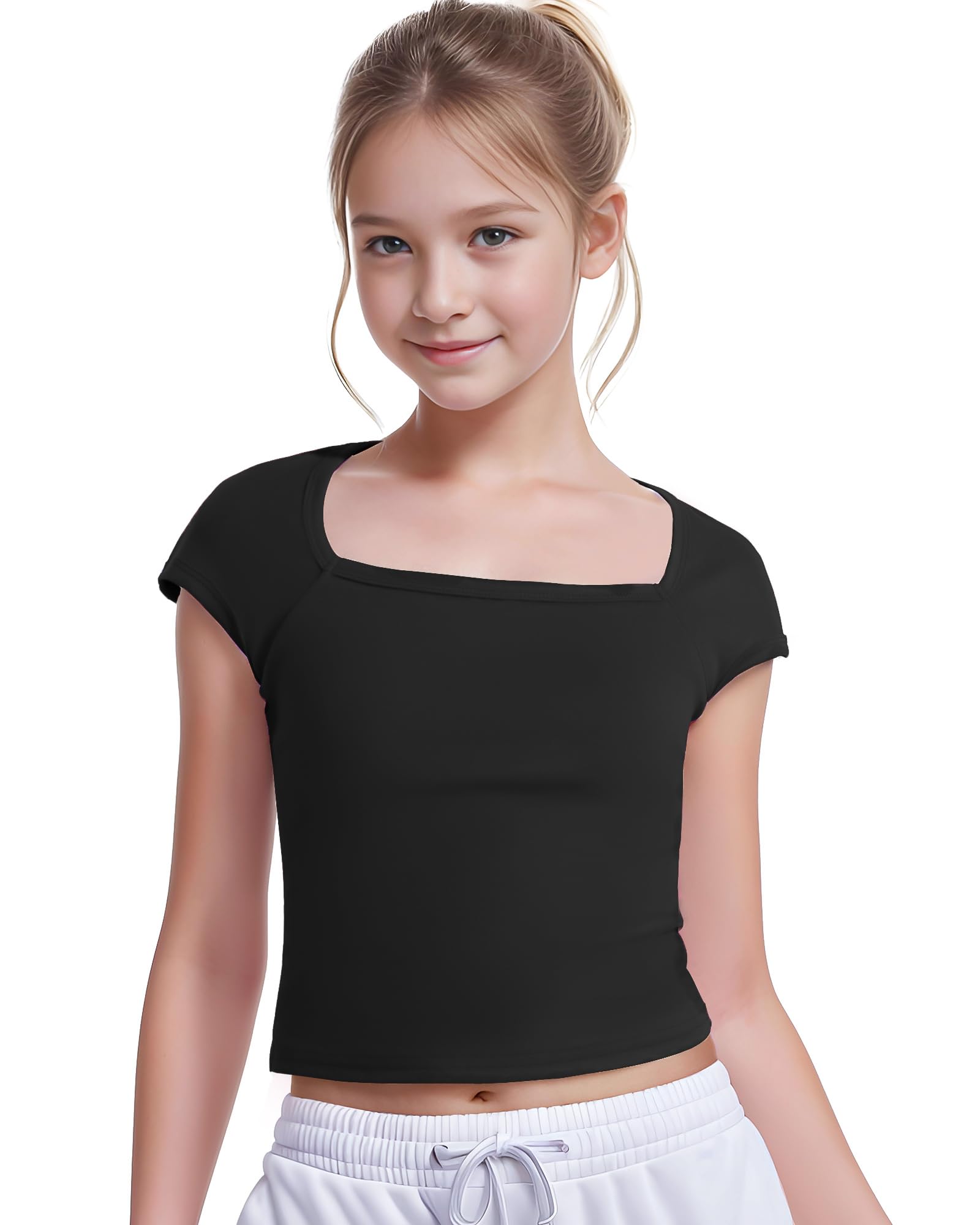 Photo 1 of Crop Tops for Girls Short Sleeve Shirt Girls Summer Tops Square Neck Slim Fit Tops Basic Tee 7-8 Years Black