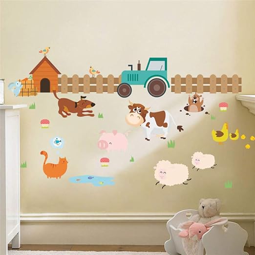 Cartoon Bauernhof Tiere Zaun Rinder Hund Wandaufkleber Fur Kinderzimmer Kinderzimmer Home Decor Pvc Wandtattoos Diy Wandbild Kunst Poster Amazon De Baumarkt