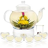 GURUDAR Glass Teapot Set, 27OZ/800ML Stovetop Safe Glass Tea Kettle with 6 Small Double Wall Tea Cups & Loose Tea Infuser & Tea Warmer, Microwave & Dishwasher Safe Tea Maker, Blooming Tea Gift Set