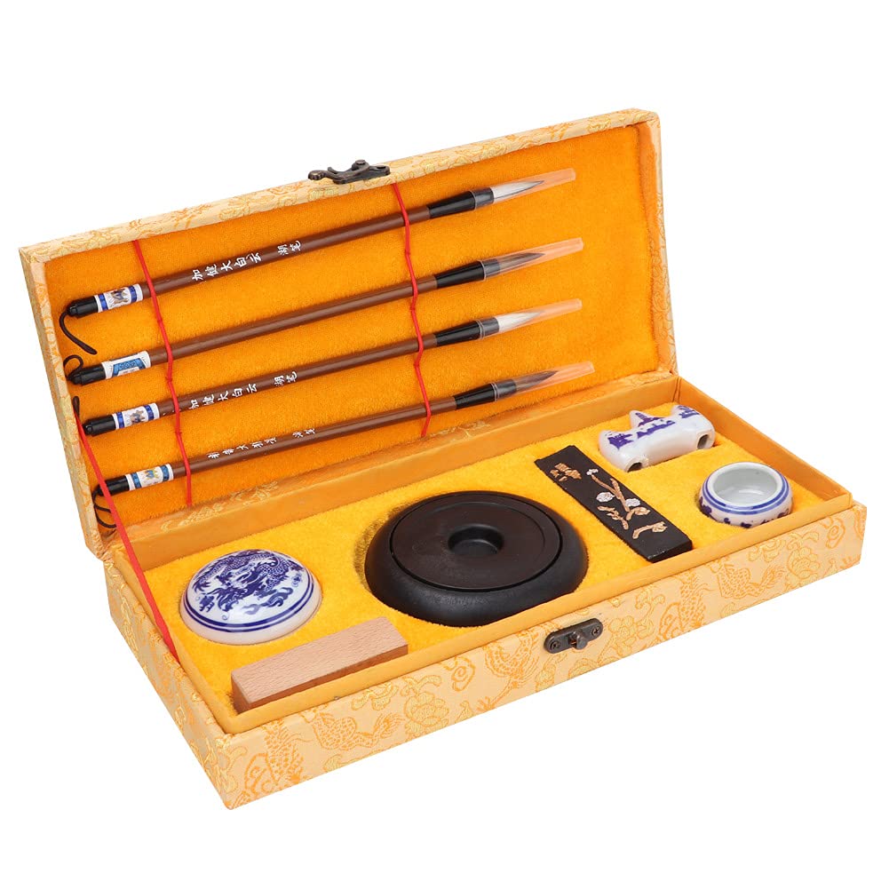 Hztyyier SealInk Block, Inkpad, Water Bowl, Pen Rack, Inkstand, Gift, 10Pcs Chinese Calligraphy Set with Writing and Painting Brush for Friends, Family Gifts