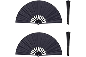 CasaVibe 2 Pack Large Foldable Row Dance Hand Fans, Chinese Kung Fu Tai Chi Hand Fans for Wall Decoration, Suitable for Parties Gatherings and Dances (Black)