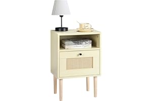 MOOACE Nightstand, Mid-Century Modern Bedside Table with Rattan Decor Drawer, Accent End Table with Storage Shelf & Solid Wood Feet, Bed Side Table for Bedroom, Living Room and Small Space, Natural