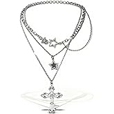 Zurlcdye Cross Necklace for Women Y2K Gothic Silver Star Cross Charm Choker Layered Punk Chunky Chain Trendy Dainty Necklaces Birthday Jewelry Gifts