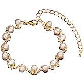 Gold Gorgeous Pearls Crystal Rhinestone Bracelet - Diamond Pearls Wedding Bracelets Jewelry | Luxury Tennis Bracelet with Cubic Zirconia for Women | Adjustable Bracelet for Weddings, Parties & Mother
