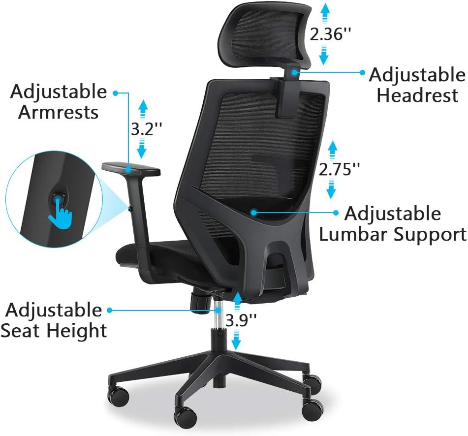 Ergonomic Office Chair, Mesh Chair with Lumbar Support, Tribesigns High Back Desk Chair with Breathable Mesh, Thick Seat Cushion, Adjustable Armrest, Backrest and Headrest: Kitchen & Dining