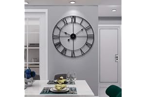 LEIKE Large Modern Metal Wall Clocks Rustic Round Silent Non Ticking Battery Operated Black Roman Numerals Clock for Living R
