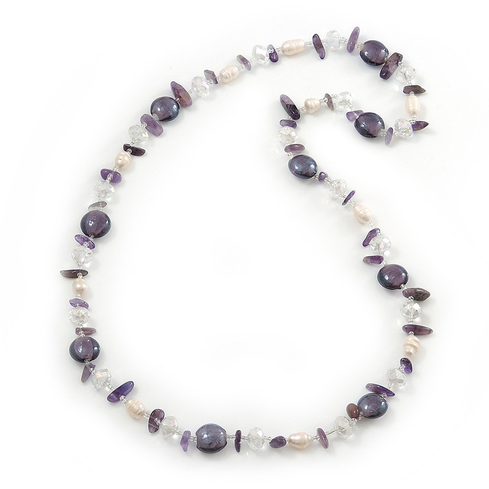 Avalaya Amethyst Stone/Freshwater Pearl/Glass Bead Long Necklace/ 80cm L
