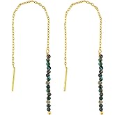 Natural Gemstone Threader Earrings for Women - Dainty 2mm Faceted Beads - Birthstone Crystal Drop Earrings - Silver Plated Healing Jewelry