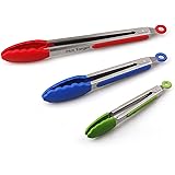 HOT TARGET Set of 3-7, 9, 12 inches, Heavy Duty, Non-Stick, 304 Stainless Steel Silicone BBQ and Kitchen Tongs. Heat resistan