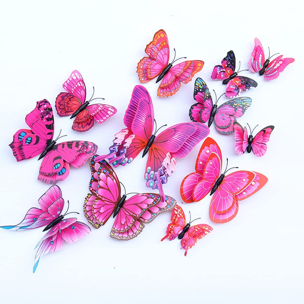 QGHSkOMk 12Pcs 3D butterfly wall decorations stickers Decor Wall Art Hanging Ornament Sculpture Garden Statues For Indoor Home Living Room Bedroom Outdoor backyard Porch (Rose red)