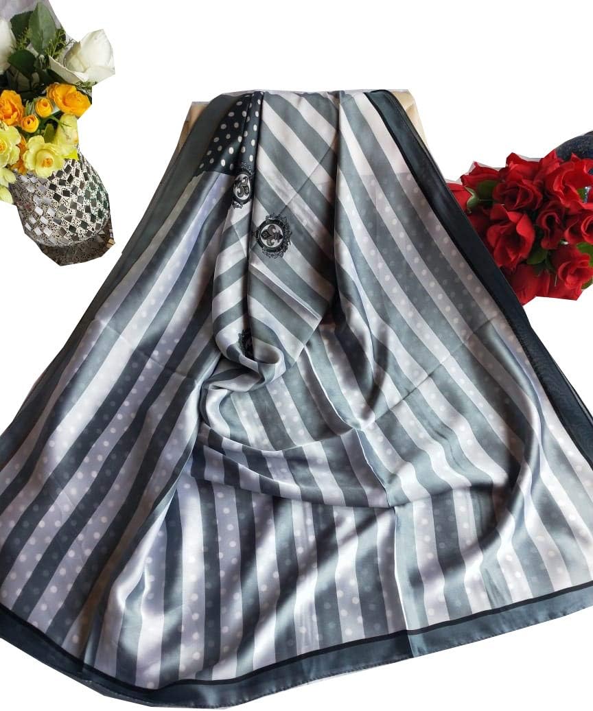 Fatimiyah Fabrics Silk Stole Silver & Grey Strips