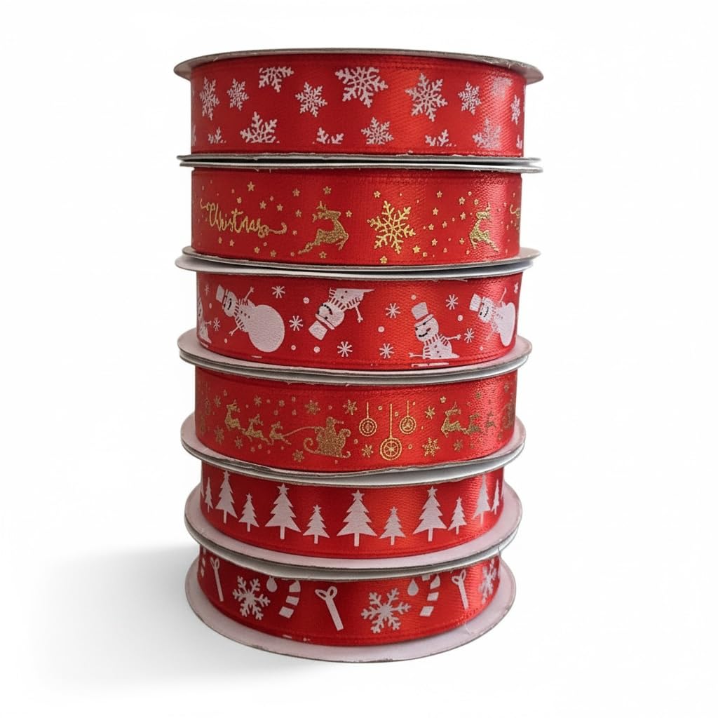 GMM Christmas Satin Ribbon (1.5CM) Christmas Fabric Ribbon for Gift Boxes, Ribbon for Christmas Craft Decorations, Sewing, Hobbies and DIY (6 Pieces)