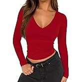 ForeFair Womens Casual V Neck Long Sleeve Shirts Going Out Double Lined Crop Tops Slim Fitted Basic Tee