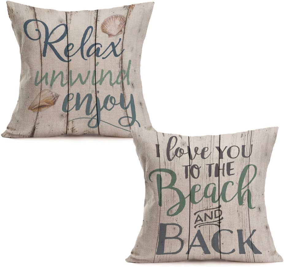 Asamour 2 Pack Beach Quotes Cotton Linen Throw Pillow Covers Ocean Beach Shell Conch Home Decorative Cushion Cover Wood Lettering Pillow Case 18’’x18’’,I Love You to The Beach and Back