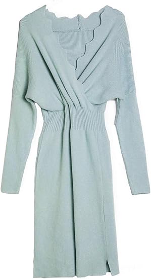 Amazon Co Jp ラボーグ La Vogue レディーズ ニット ワンピース タイト ドレス 長袖 ロング丈 セーター スリット Vネック インナーワンピ 着痩せ 秋冬 パーティー スカイブルー 服 ファッション小物
