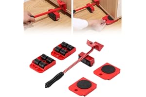 POOUTY Furniture Lift Mover Tool Set with Adjustable Height Lifting Tool Lever & 4 Wheels, Furniture Mover Dolly Furniture Lifter Moving Sliders for Moving Heavy Furniture (Red, Lifting Capacity: 220 LBs)