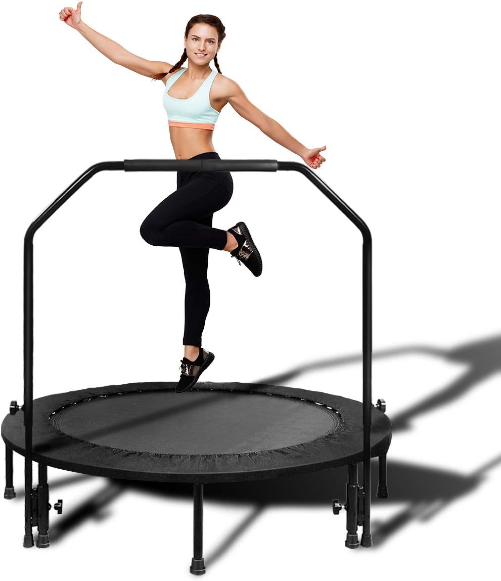 MOVTOTOP Foldable Mini Trampoline Rebounder, Indoor Fitness Trampoline with Handrail and Safety Pad, Exercise Trampoline Rebounder for Kids Adults Indoor/Garden Workout