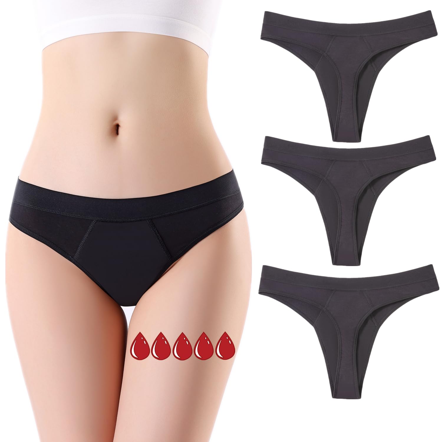 Photo 1 of ZVZK Period Underwear for women - Leak Proof Period Thongs,Heavy Flow Absorbent Period Panties, Menstrual G-Strings(M 3Black)