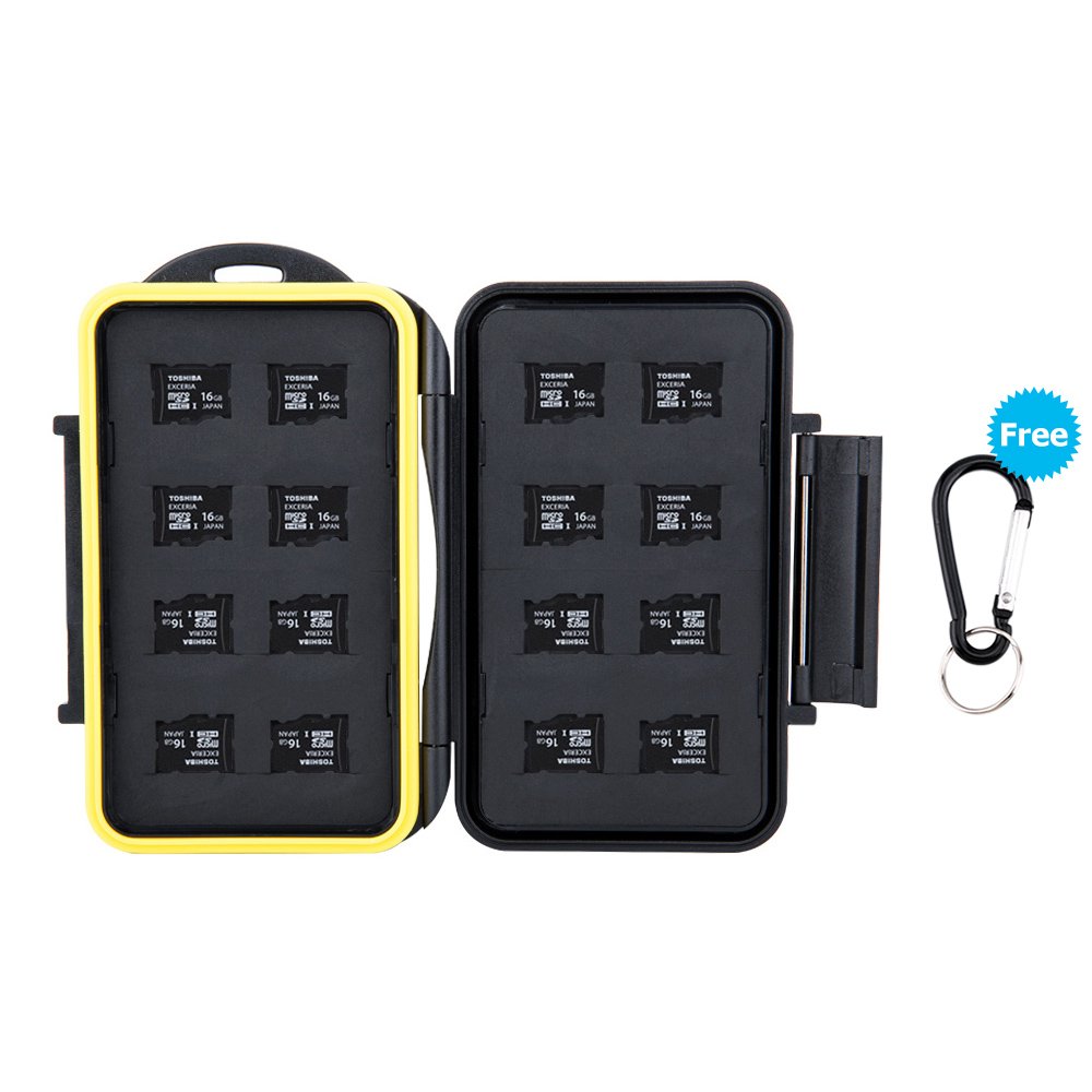 JJC Memory Card Case Water-resistance Carrying Holder 16 Slots Storage 16 PCS Micro SD/TF Cards Protector Box with Carabiner