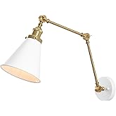 JONATHAN Y 7" White/Brass Gold Classic Industrial Metal Adjustable Arm LED Wall Sconce for Bedside Reading, Farmhouse Swing A
