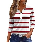 LilyCoco Striped Shirt Women Casual Button V Neck 3/4 Sleeve Tops
