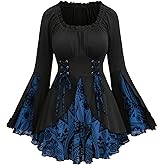 ROSE GAL Womens Plus Size Flocking Floral Figure Print Lace Up Ruched Ruffles Long Bell Sleeves Flowy 2 in 1 Top